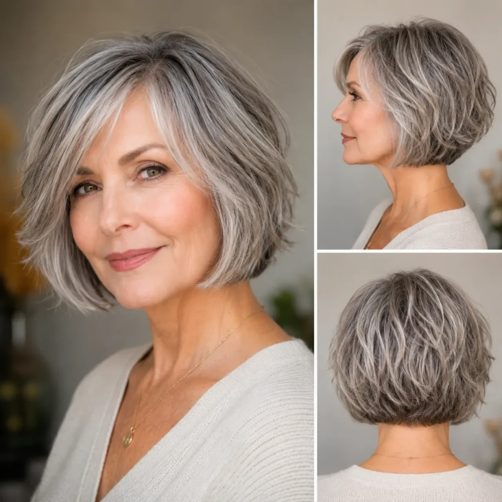 Textured silver bob haircut for women over 60 with fine hair