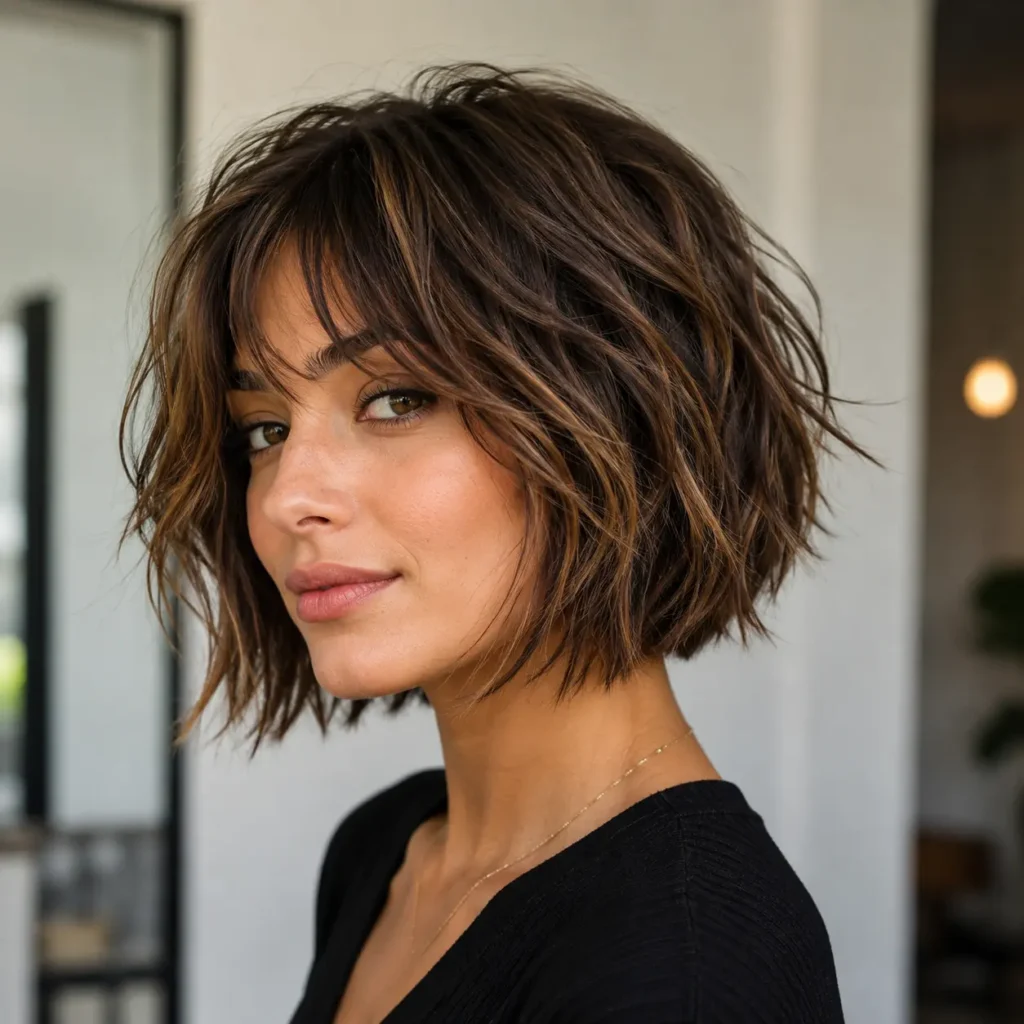 Woman wearing a stylish textured bob haircut with soft layers