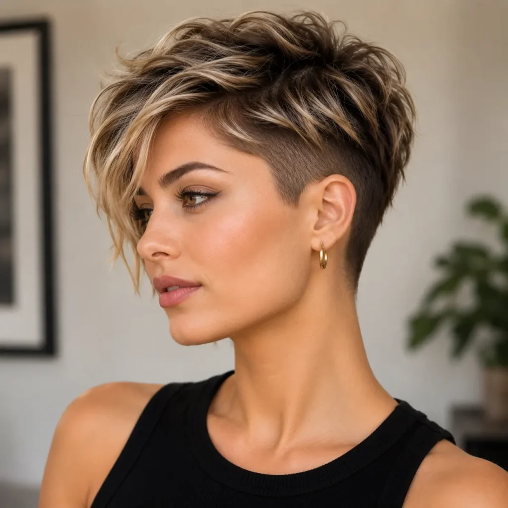 Woman with a textured undercut pixie haircut and blonde highlights