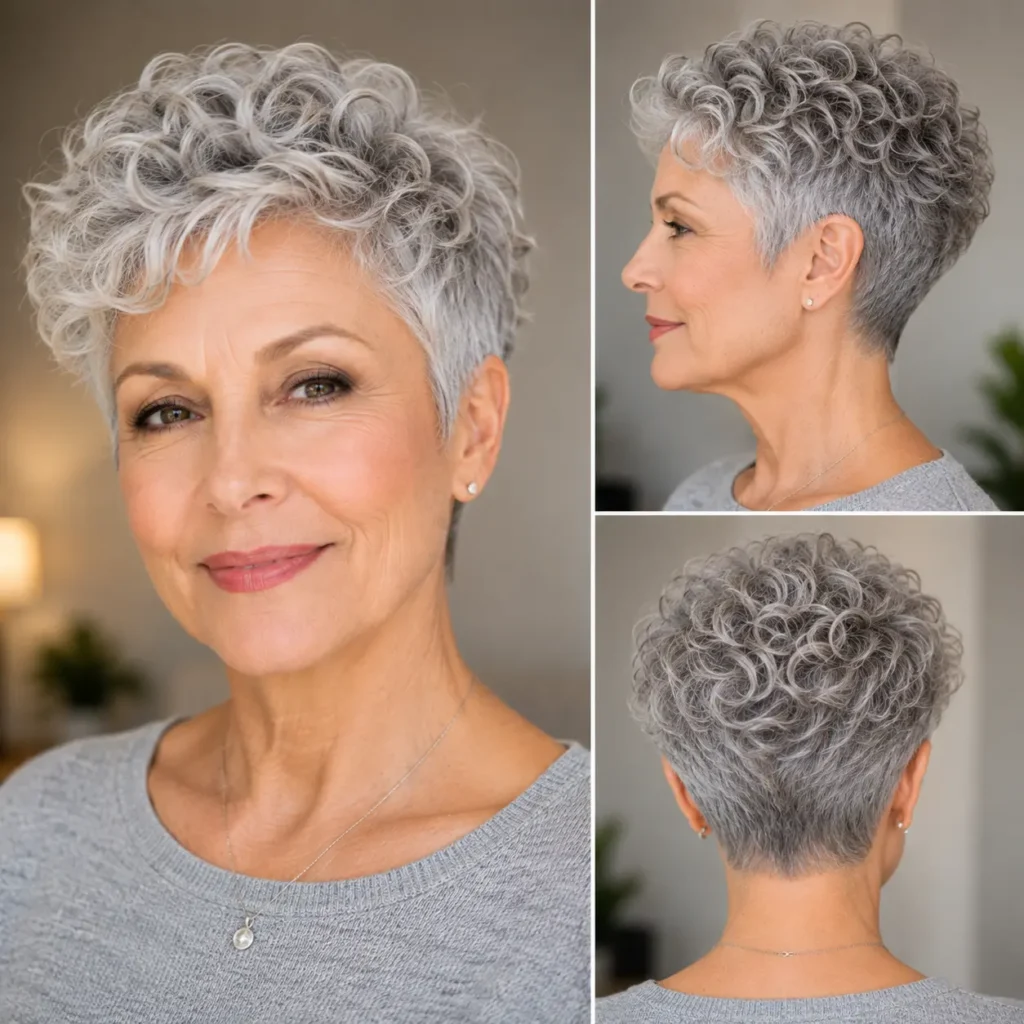 Low-maintenance silver wash-and-go crop haircut for women over 60