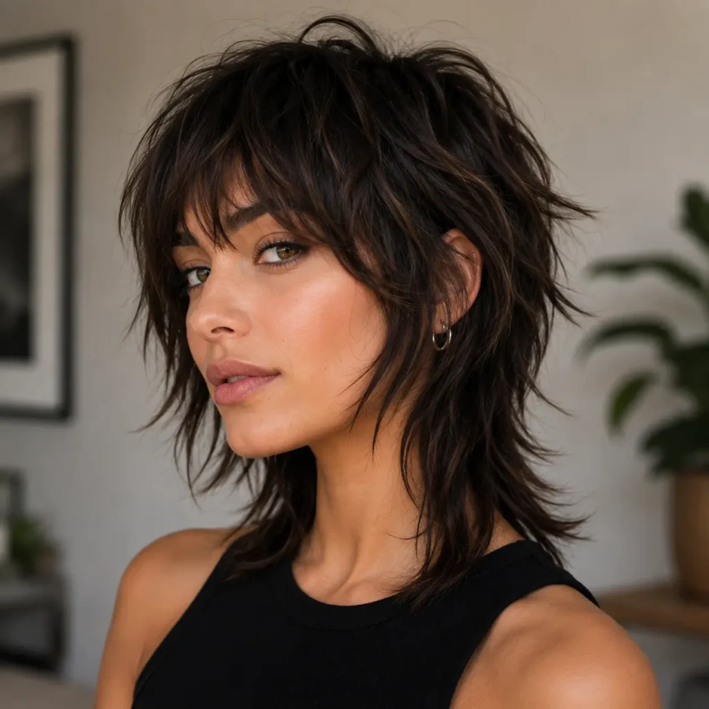 Woman wearing a layered wolf cut hairstyle with wispy bangs and textured ends