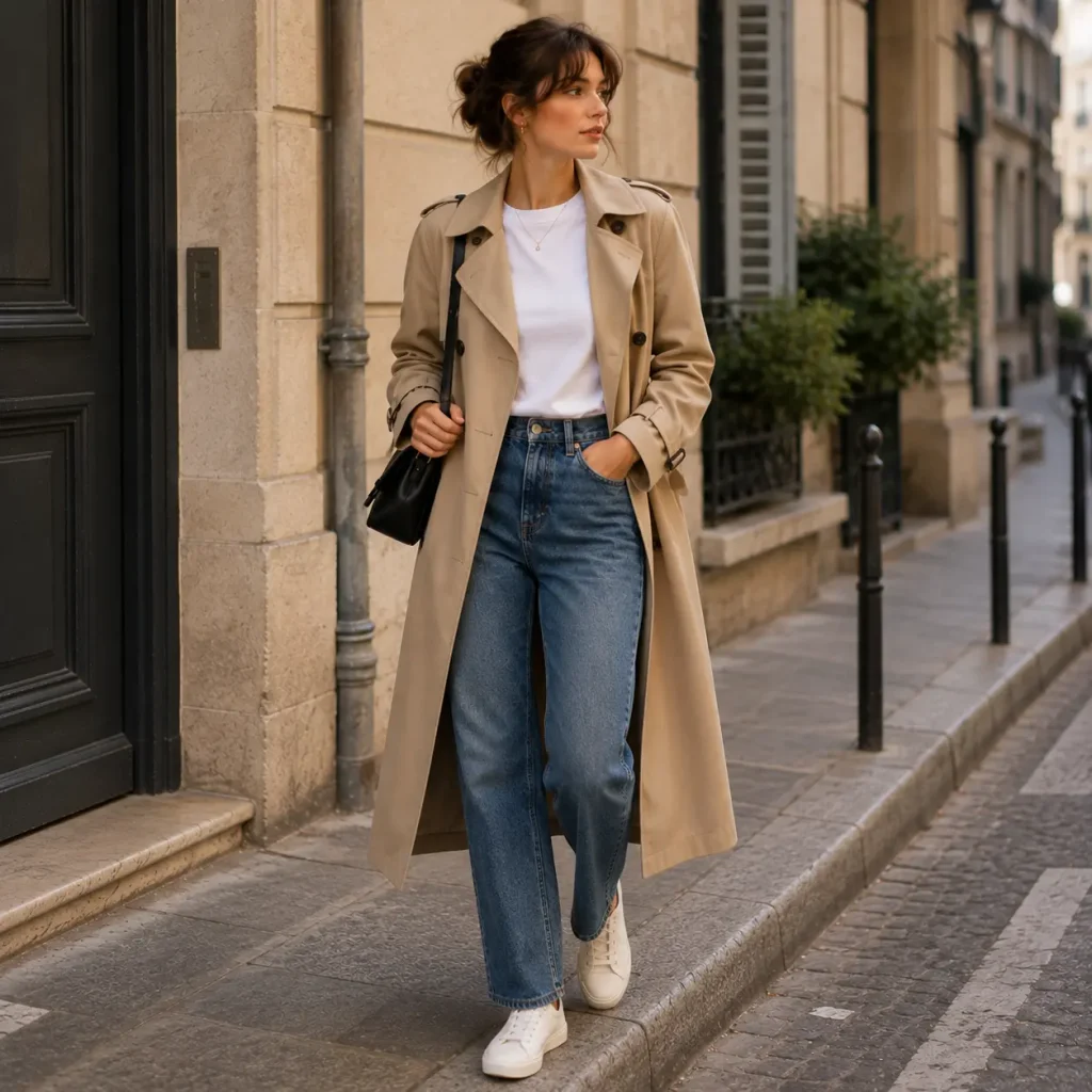 Woman wearing a beige trench coat over a white shirt, blue jeans, and white sneakers.