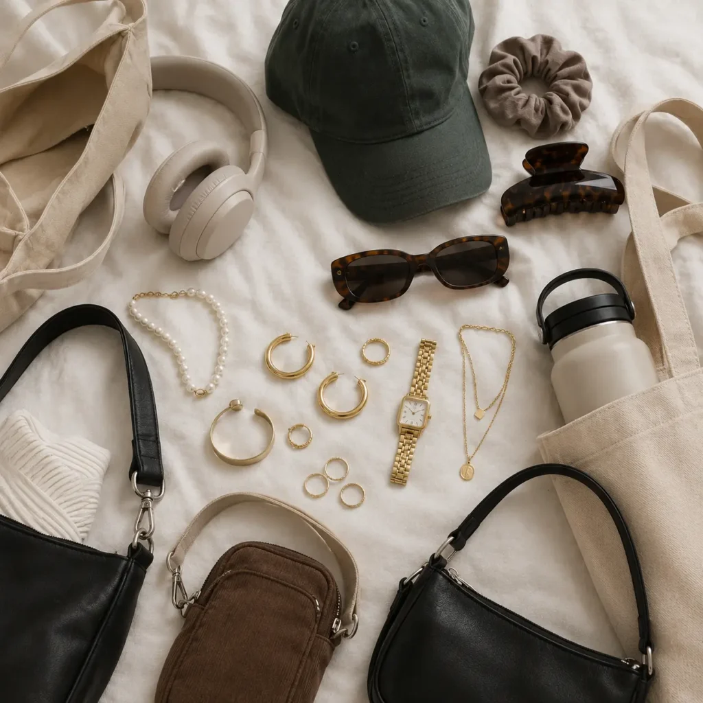 Trendy college fashion accessories including sunglasses, caps, jewelry, bags, hair clips, and headphones