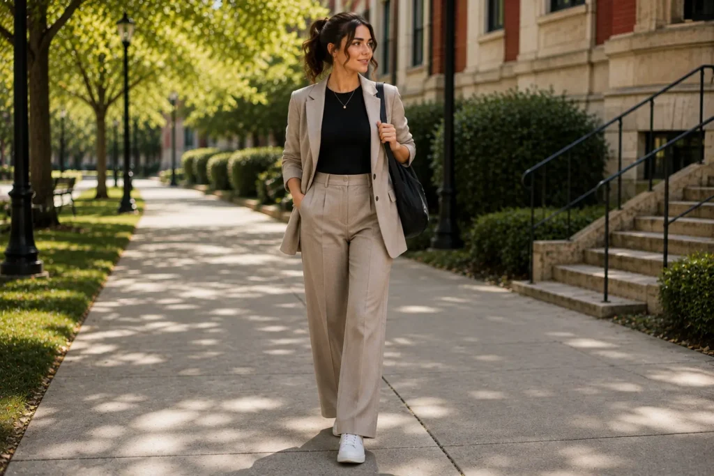 Young woman wearing tailored trousers, fitted top, and blazer for a stylish college outfit
