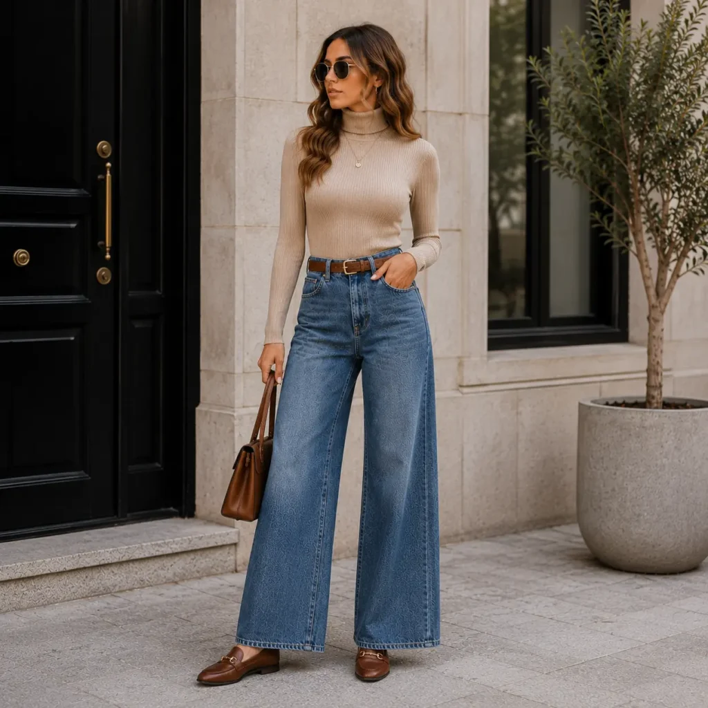 Woman wearing a turtleneck top with wide leg jeans and loafers