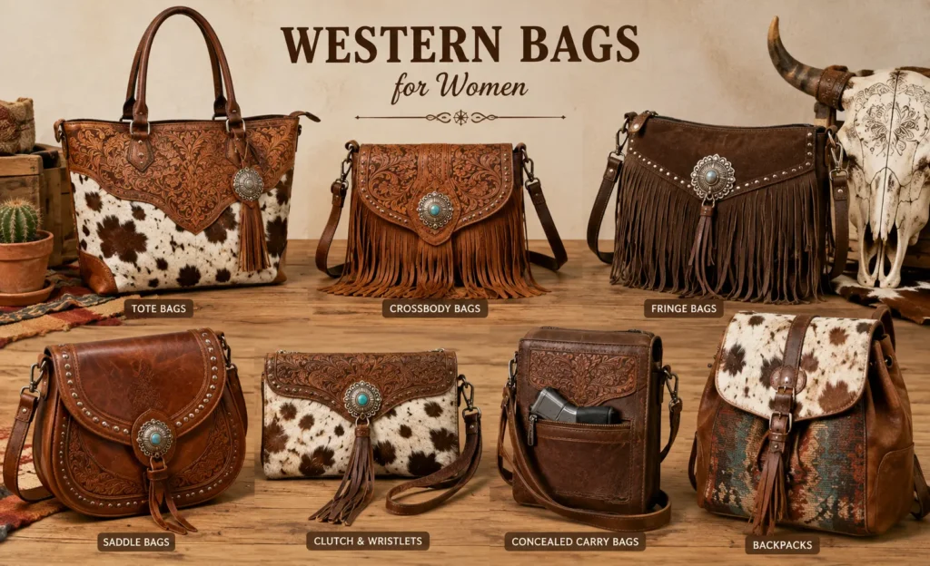 Types of western bags for women including tote, crossbody, fringe, saddle, clutch, concealed carry, and backpack styles