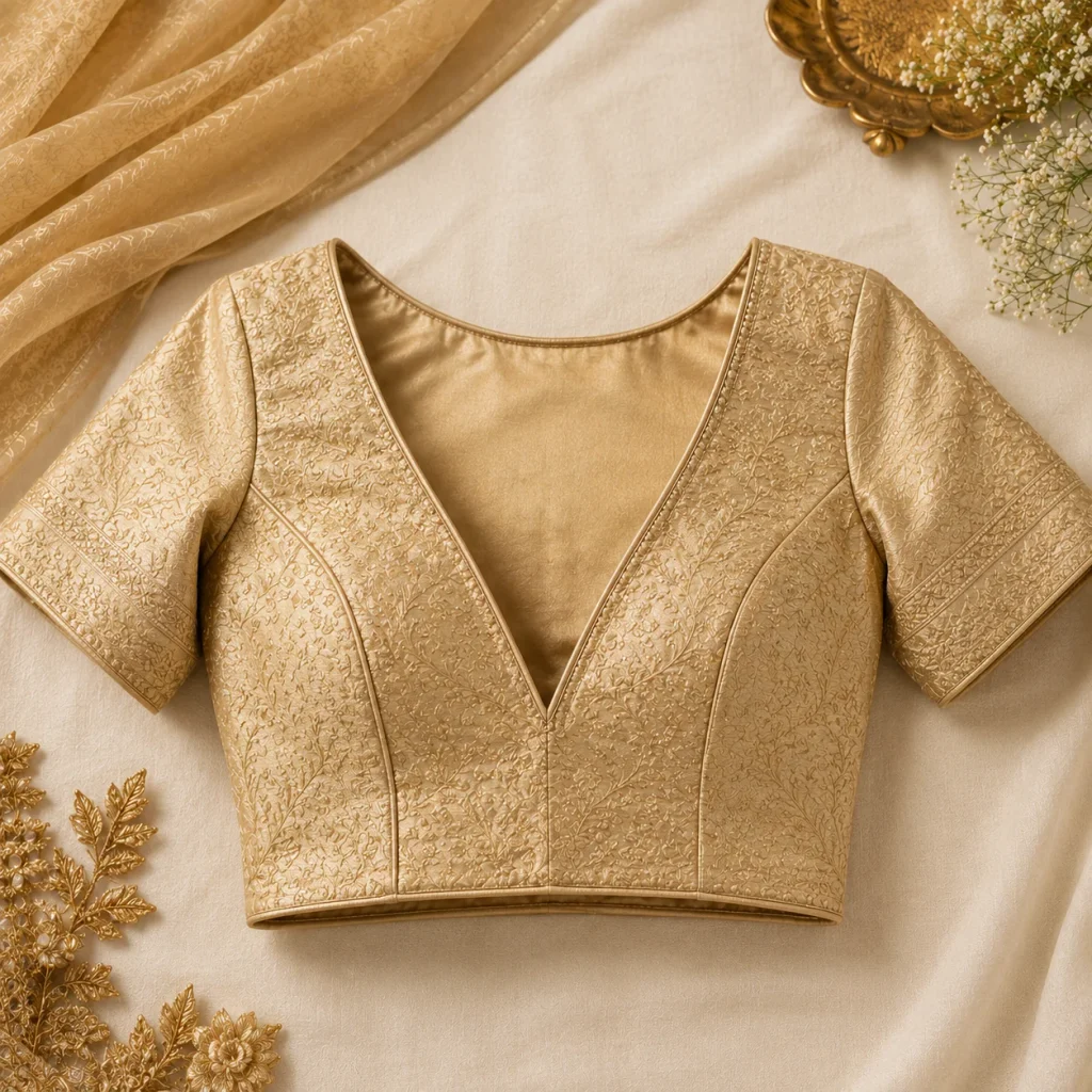 V-neck structured blouse with tailored seams and sophisticated design