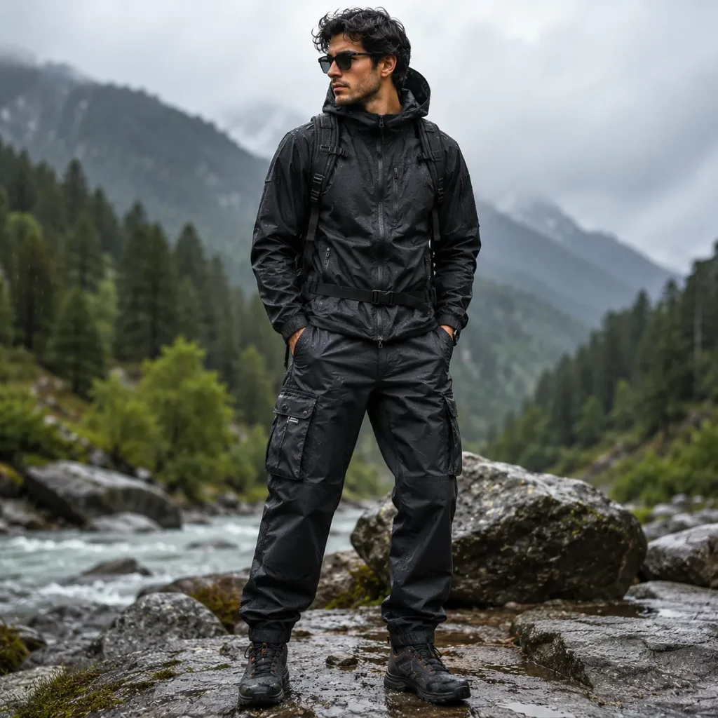 Young man wearing black waterproof cargo pants and a rain jacket beside a mountain stream in rainy weather.