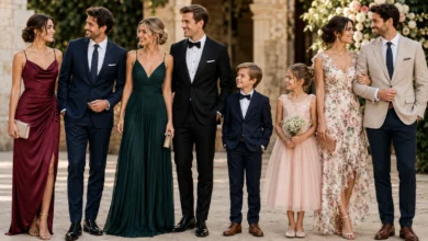 Stylish wedding guests wearing elegant formal and semi-formal outfits at a beautiful outdoor wedding venue, showcasing fashionable looks for every wedding occasion.