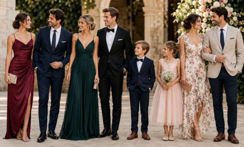 Stylish wedding guests wearing elegant formal and semi-formal outfits at a beautiful outdoor wedding venue, showcasing fashionable looks for every wedding occasion.