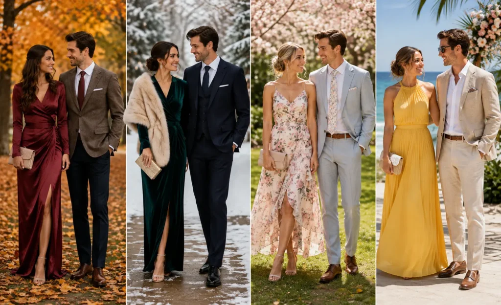 Stylish wedding guest outfits for fall, winter, spring, and summer displayed in a seasonal fashion collage.