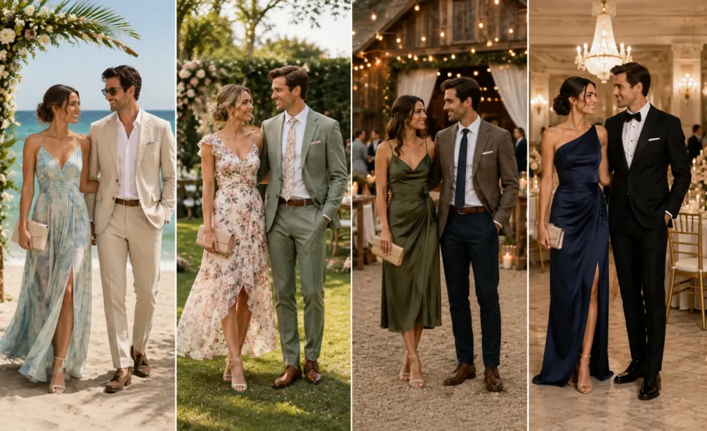 Wedding guest outfit inspiration for beach, garden, rustic barn, and ballroom wedding styles.
