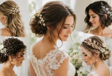 Elegant wedding hairstyles featuring long, short, and curly bridal hair with romantic updos, waves, and floral accessories.