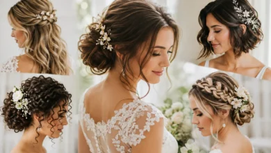 Elegant wedding hairstyles featuring long, short, and curly bridal hair with romantic updos, waves, and floral accessories.