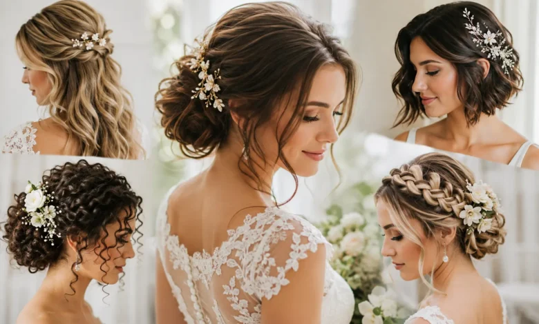 Elegant wedding hairstyles featuring long, short, and curly bridal hair with romantic updos, waves, and floral accessories.