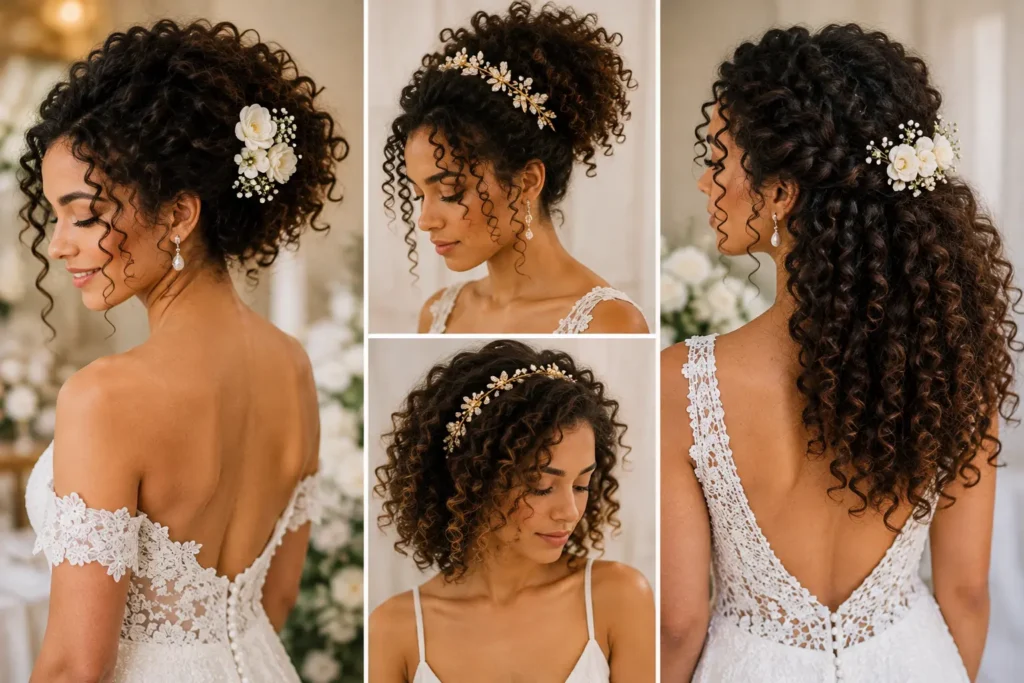 Beautiful curly wedding hairstyles with natural curls, curly updos, half-up styles, and delicate floral hair accessories.