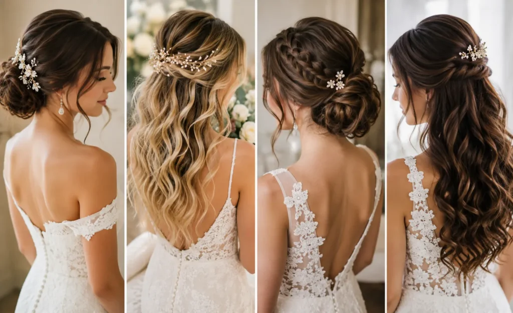 Bridal hairstyles for long hair featuring a classic low bun, loose waves, braided updo, and half-up half-down curls.