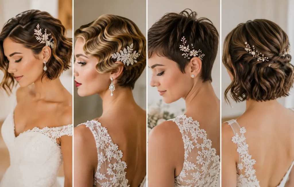 Elegant wedding hairstyles for short hair including a wavy bob, vintage finger waves, textured pixie cut, and half-up twist.