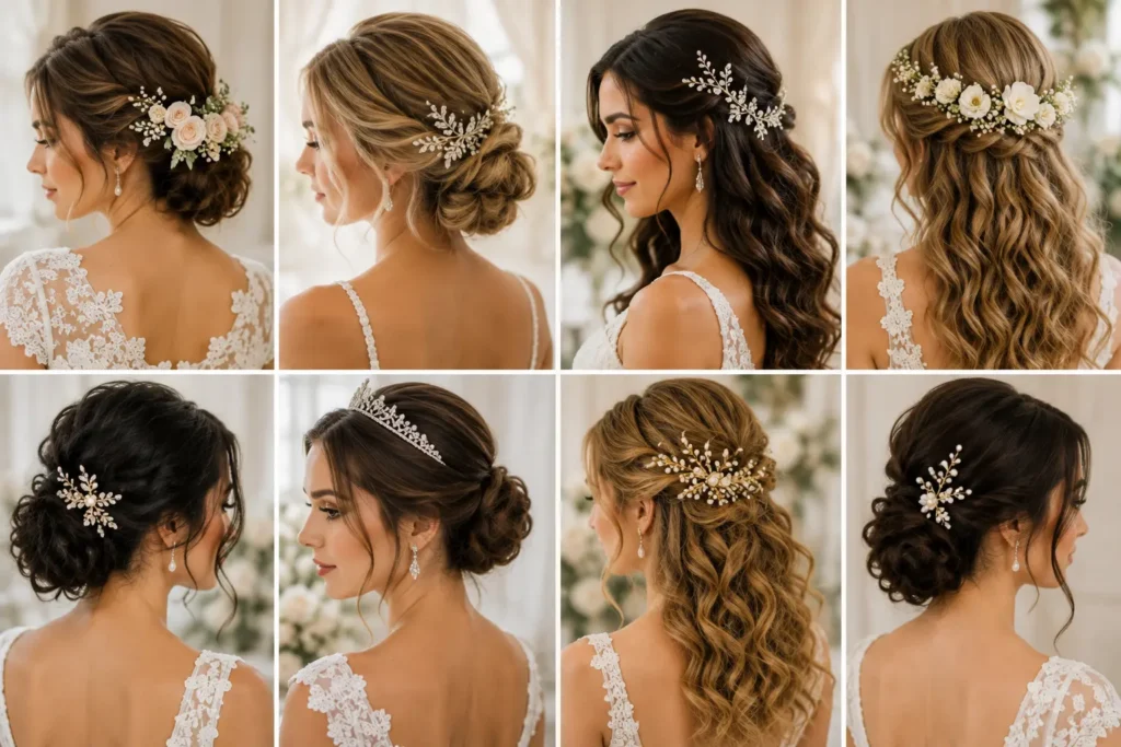 Bridal hairstyles decorated with fresh flowers, sparkling tiaras, pearl hairpins, crystal combs, and elegant wedding hair accessories.