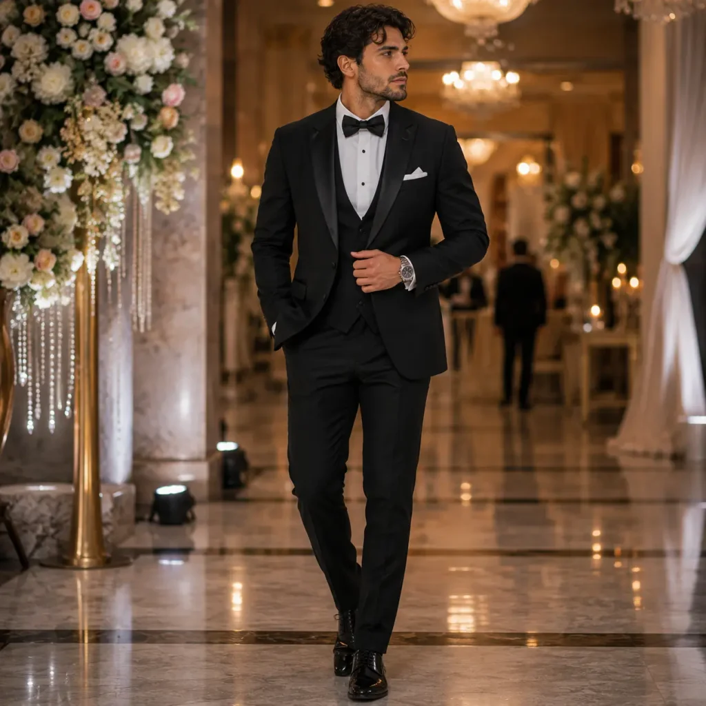 Man wearing a black tuxedo, bow tie, white shirt, and polished dress shoes at an elegant formal wedding event.