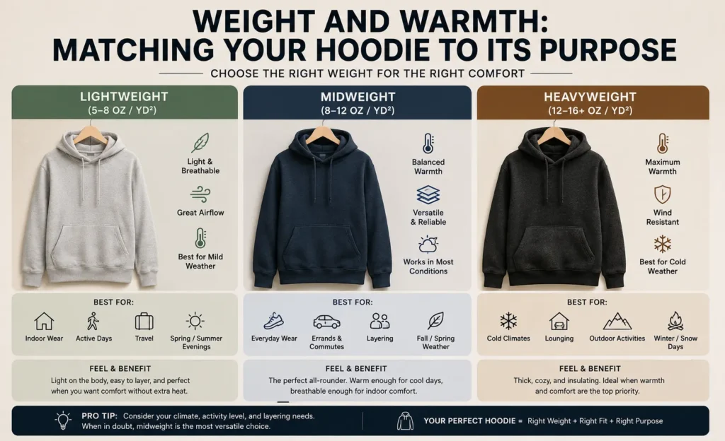 Lightweight, midweight, and heavyweight hoodies displayed side by side to compare warmth and comfort.