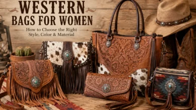 Western bags for women in different styles, colors, and materials including leather, cowhide, fringe, and tooled designs