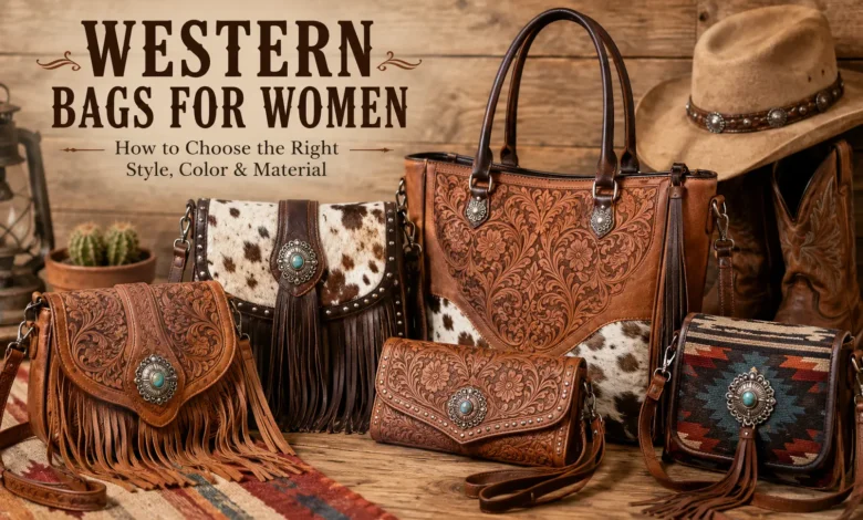 Western bags for women in different styles, colors, and materials including leather, cowhide, fringe, and tooled designs