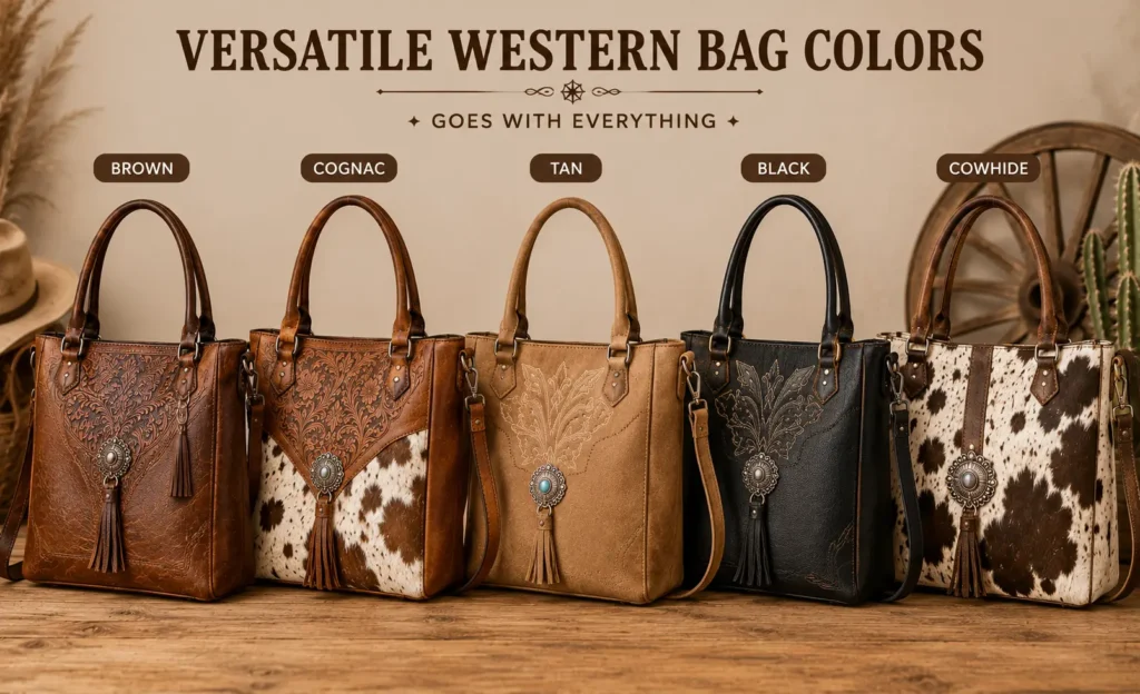 Versatile western bags in brown, cognac, tan, black, and cowhide colors