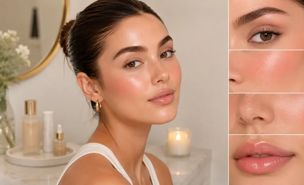 Clean girl makeup look featuring dewy natural skin, soft blush, fluffy brows, glossy lips, and minimalist beauty