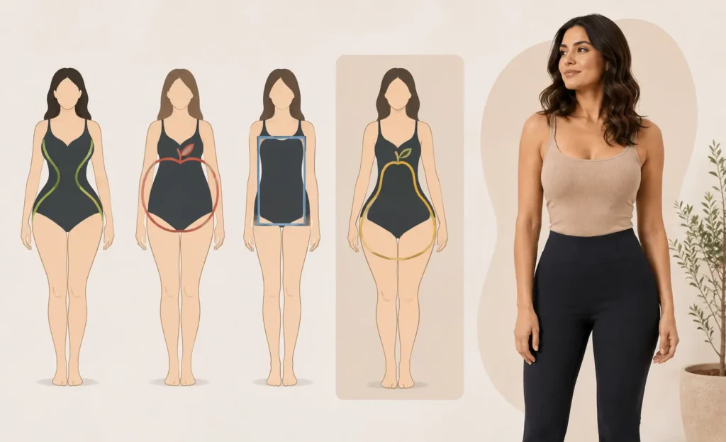 Illustration comparing female body shapes with a highlighted pear shaped body showing wider hips, narrower shoulders, and a defined waist.