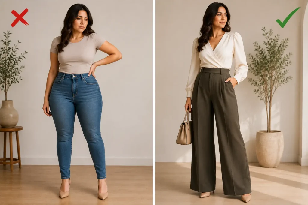 Side-by-side comparison of less flattering and balanced outfit choices for a pear shaped body featuring skinny jeans versus wide-leg trousers.