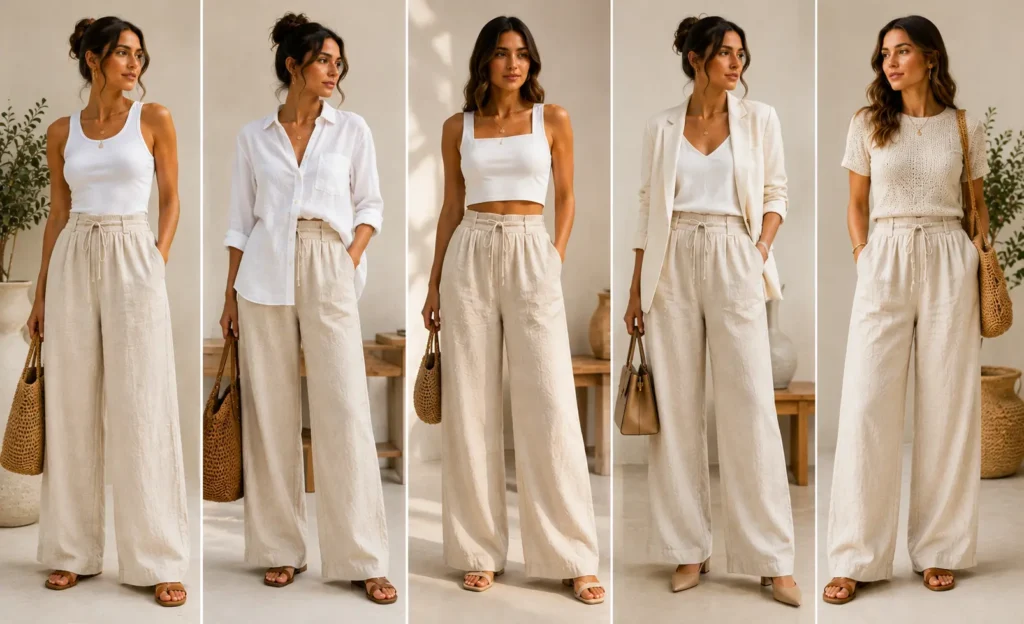 Linen pants paired with tank tops, button-down shirts, cropped tops, blazers and knit tops