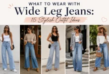 Woman wearing wide leg jeans styled with a modern casual outfit