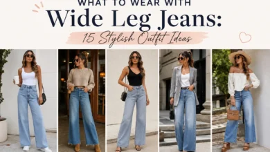 Woman wearing wide leg jeans styled with a modern casual outfit