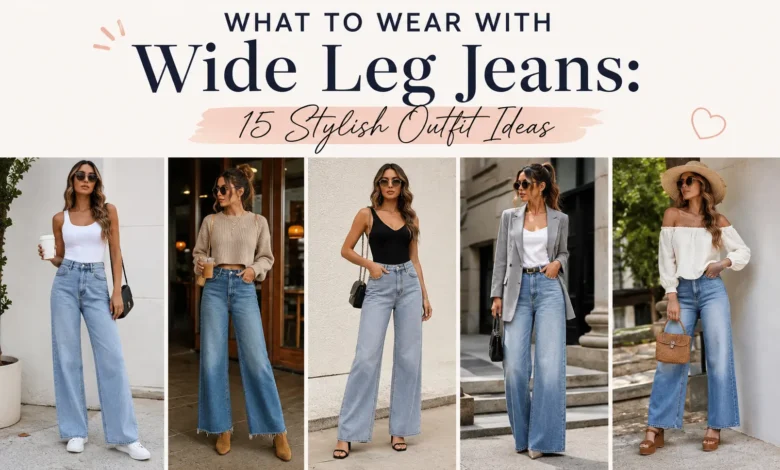 Woman wearing wide leg jeans styled with a modern casual outfit