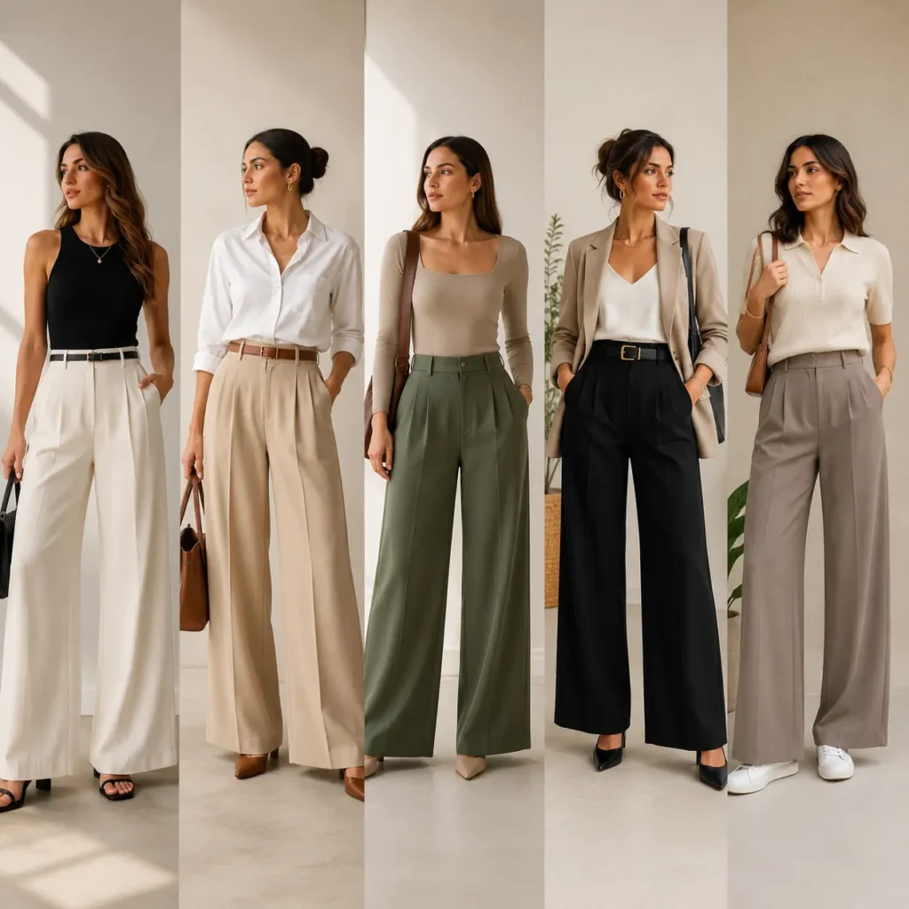 Women styling wide leg pants with fitted tops, button-down shirts, knit tops, and blazers