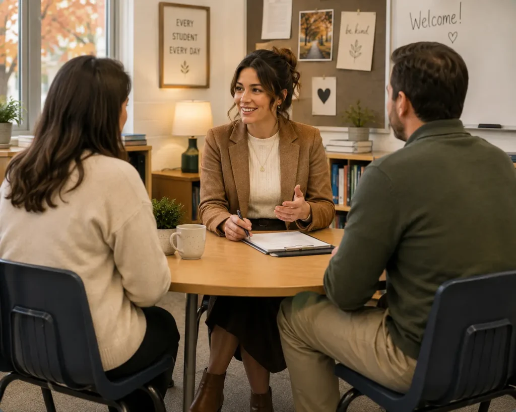 Professional teacher wearing a blazer, knit top, midi skirt, and ankle boots while meeting with parents during a fall parent-teacher conference in a welcoming classroom.