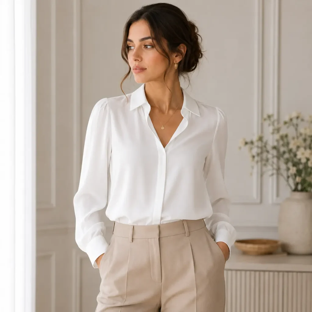 Woman wearing a classic white blouse with tailored beige trousers in an elegant neutral interior.