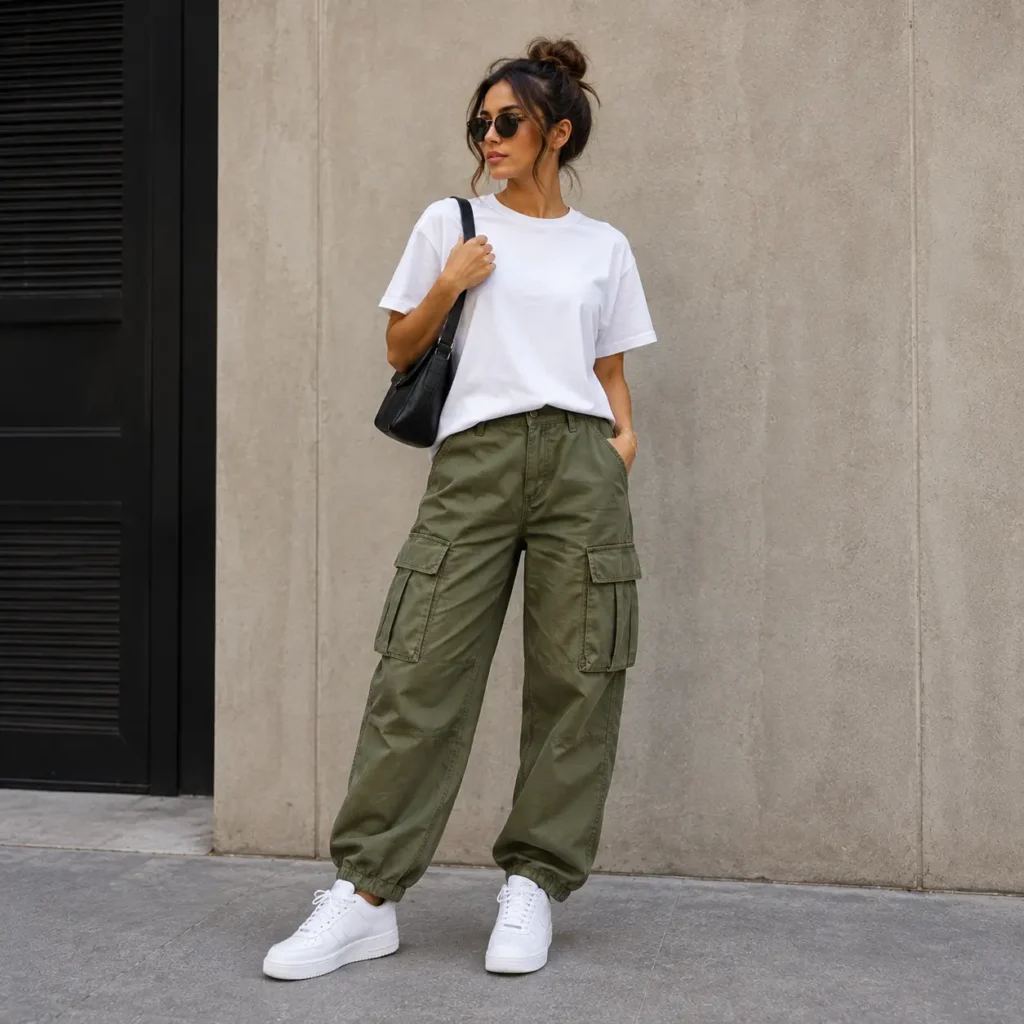 Woman wearing green cargo pants, a simple white tee, and white sneakers for a casual everyday outfit