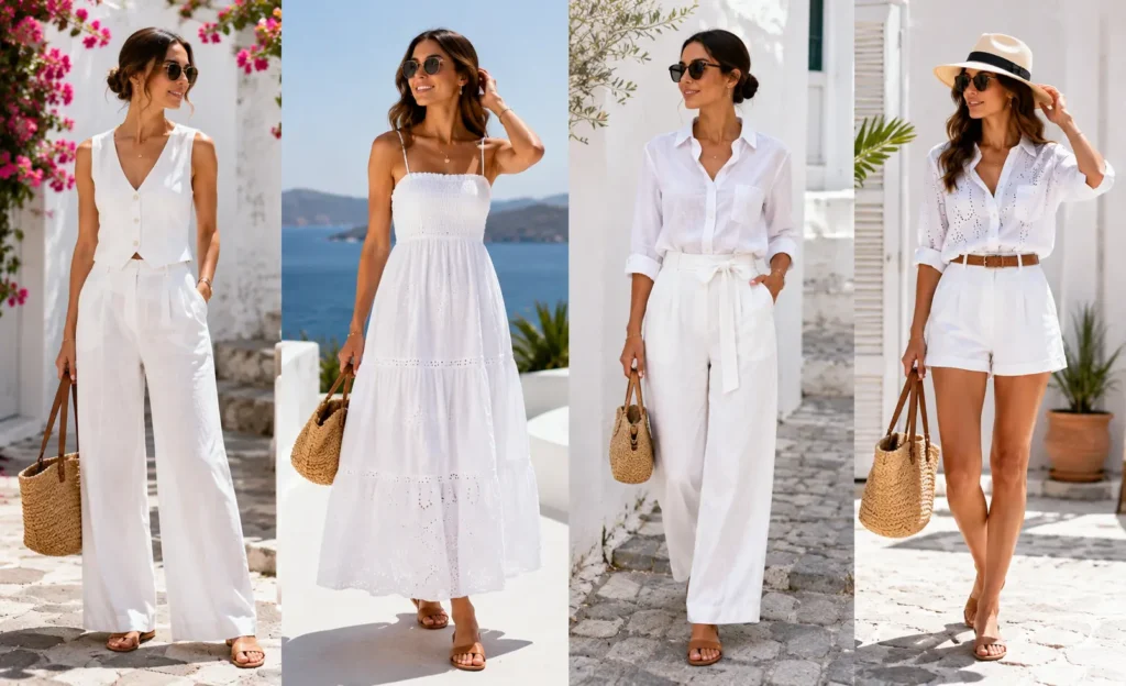 Elegant women wearing all-white summer outfits including linen sets, maxi dresses, and shorts styled with straw bags and sandals in a sunny Mediterranean setting.