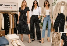 Who What Wear clothing collection featuring stylish women in editor-inspired outfits with blazers, dresses, polka dot pieces, and modern wardrobe essentials.