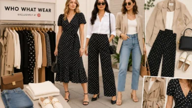Who What Wear clothing collection featuring stylish women in editor-inspired outfits with blazers, dresses, polka dot pieces, and modern wardrobe essentials.