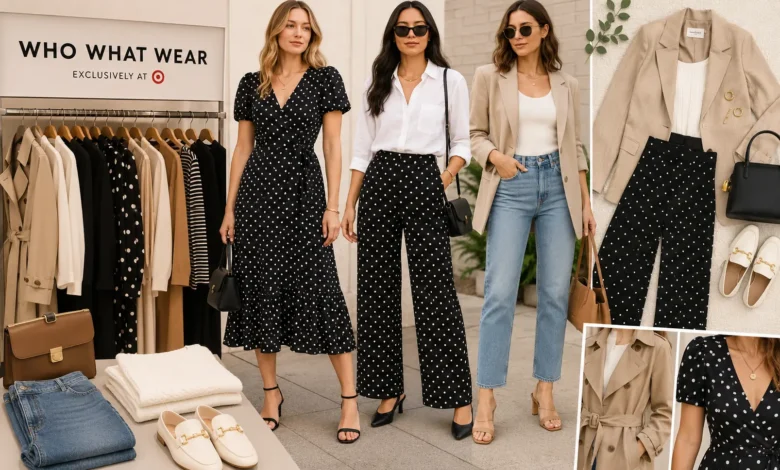 Who What Wear clothing collection featuring stylish women in editor-inspired outfits with blazers, dresses, polka dot pieces, and modern wardrobe essentials.