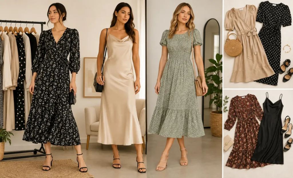 Stylish women wearing wrap, satin, floral, and midi dresses inspired by the Who What Wear clothing collection.