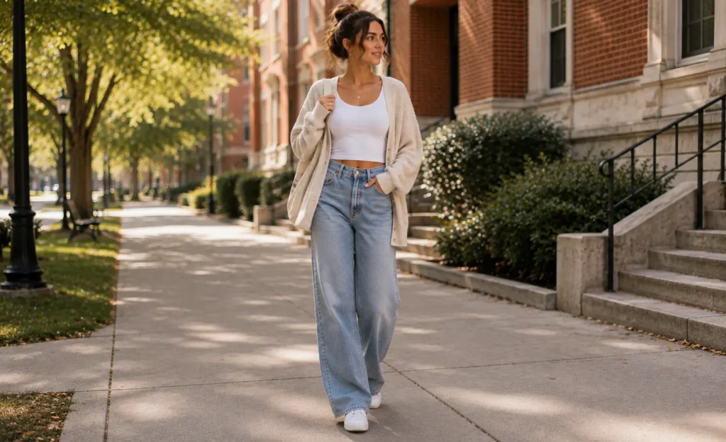 Young woman wearing wide-leg jeans, fitted top, and cardigan on a college campus