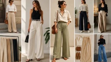 Women wearing stylish wide leg pants in neutral-toned outfits with tops, blazers, sneakers, sandals, and accessories