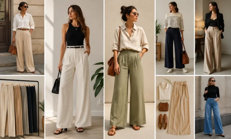 Women wearing stylish wide leg pants in neutral-toned outfits with tops, blazers, sneakers, sandals, and accessories