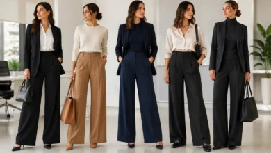 Wide leg pants outfit styled with tailored blazers, fitted tops, and polished shoes for professional office looks.