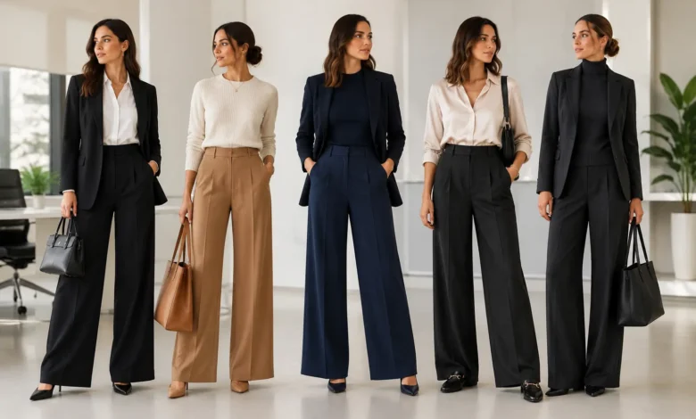 Wide leg pants outfit styled with tailored blazers, fitted tops, and polished shoes for professional office looks.