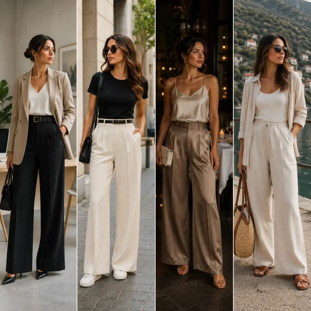 Wide leg pants outfits for work, casual days, evening occasions, and weekend travel